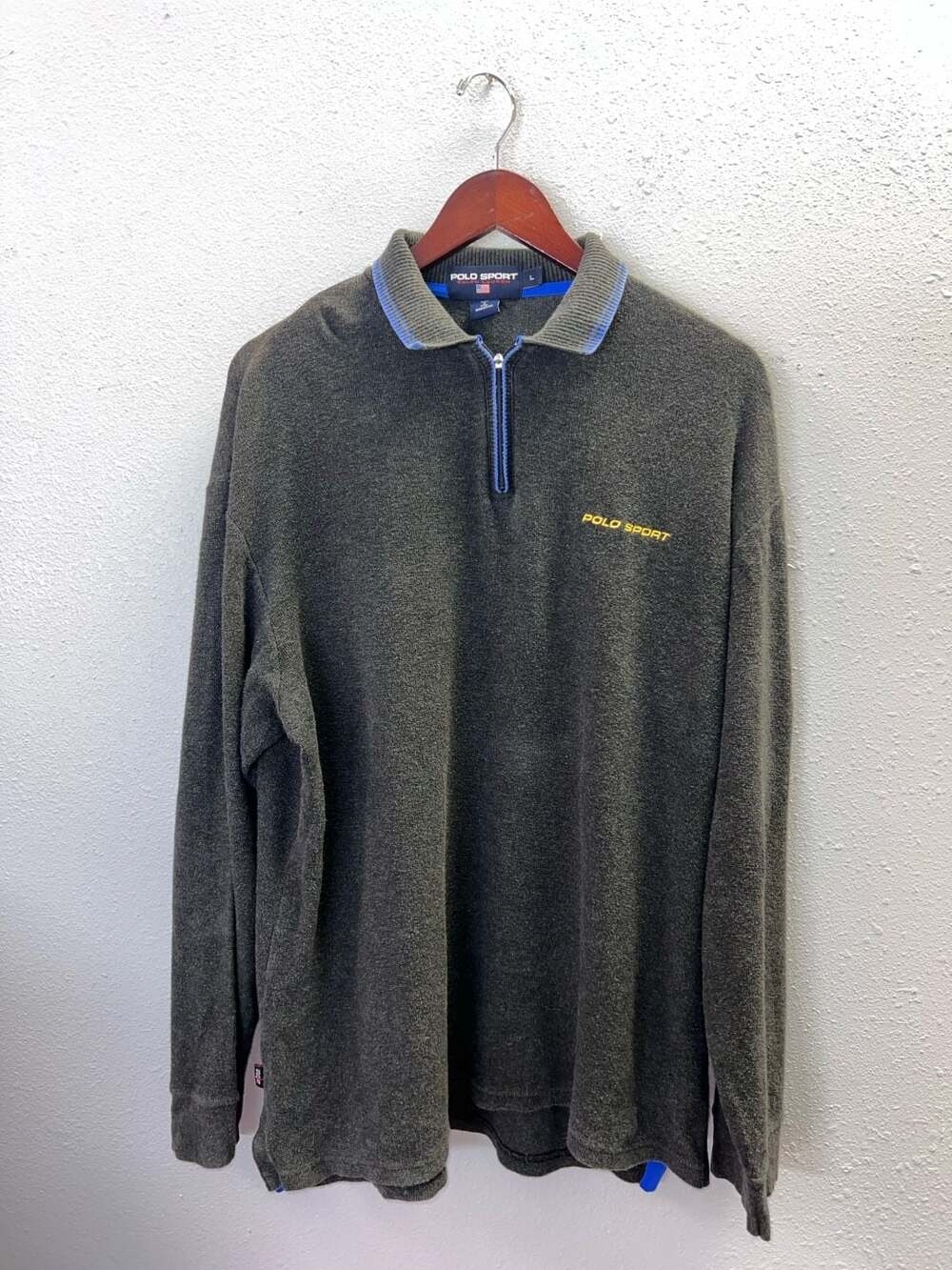 Vintage Polo Sport Ralph Lauren 1/4 Zip Sweater Large Grey Blue Pullover 0514
